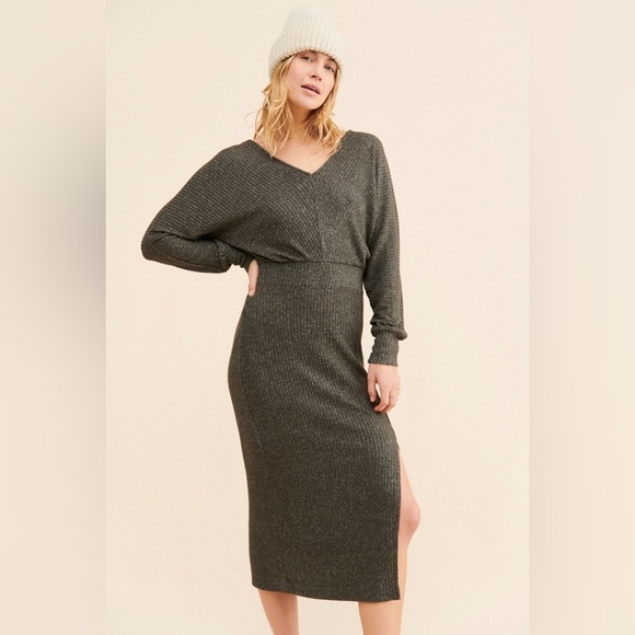 Anthropologie Daily Practice Barre Midi V-neck Rib Knit Sweater Dress Hipster - Picture 5 of 16